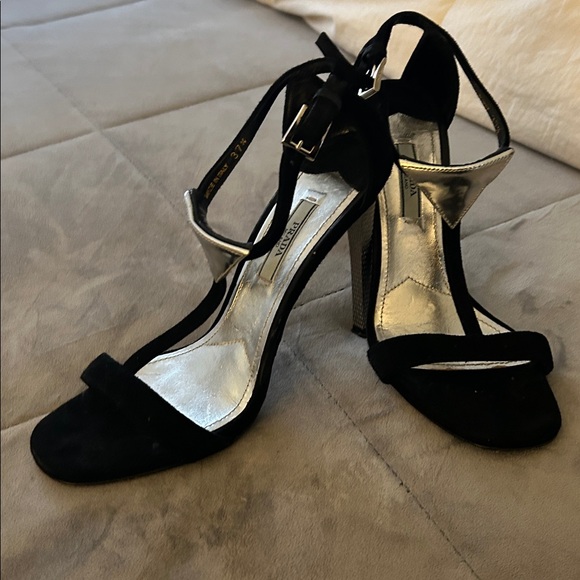 Prada Black Suede and Gold T-Strap Heels - Picture 4 of 4